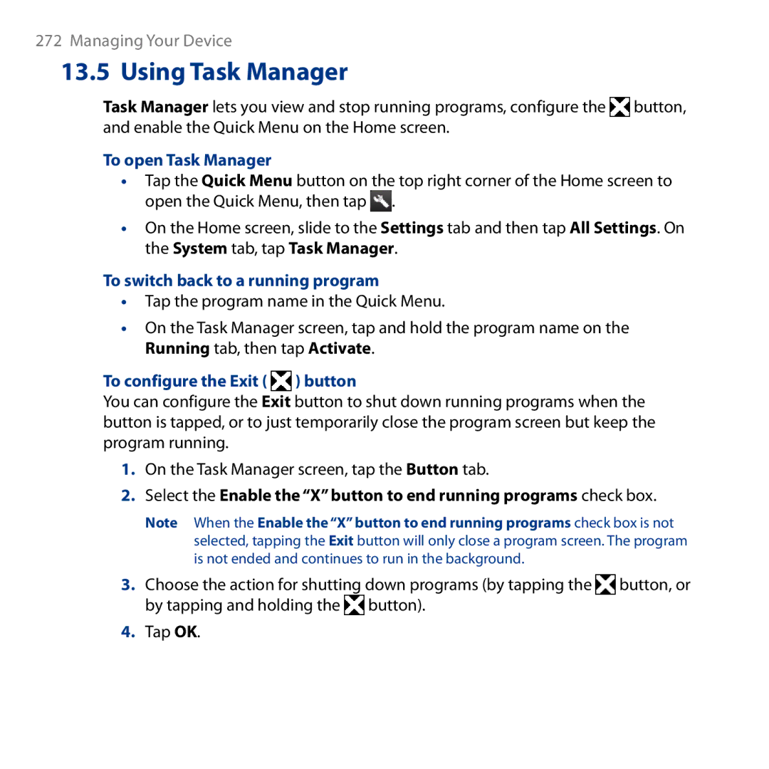 HTC HD user manual To open Task Manager, To switch back to a running program, To configure the Exit button 