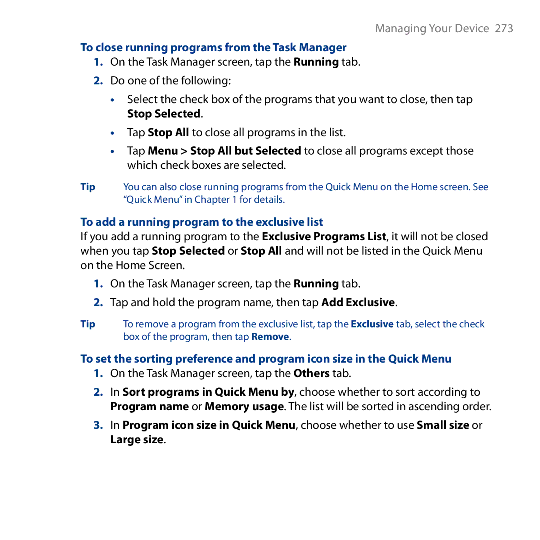 HTC HD user manual To close running programs from the Task Manager, To add a running program to the exclusive list 