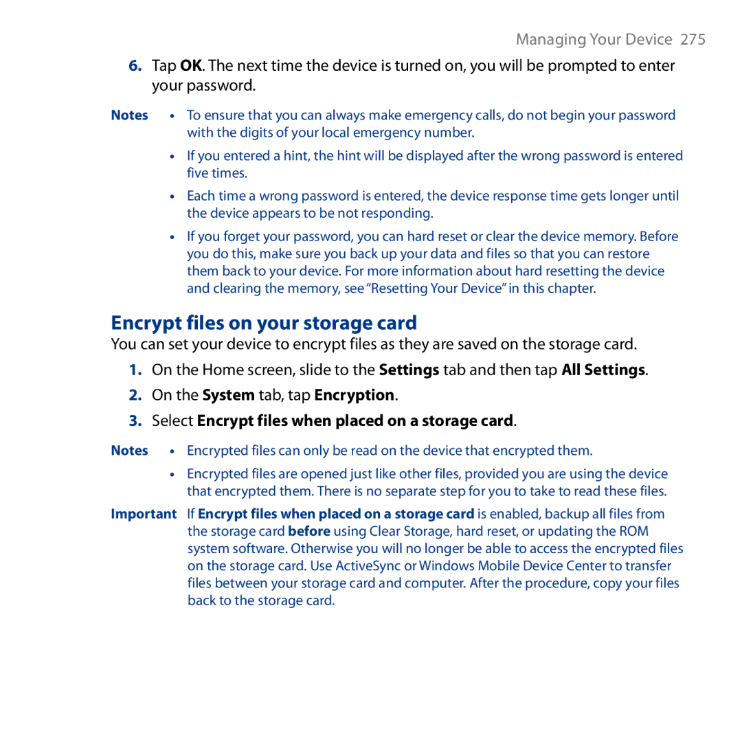 HTC HD user manual Encrypt files on your storage card, Select Encrypt files when placed on a storage card 