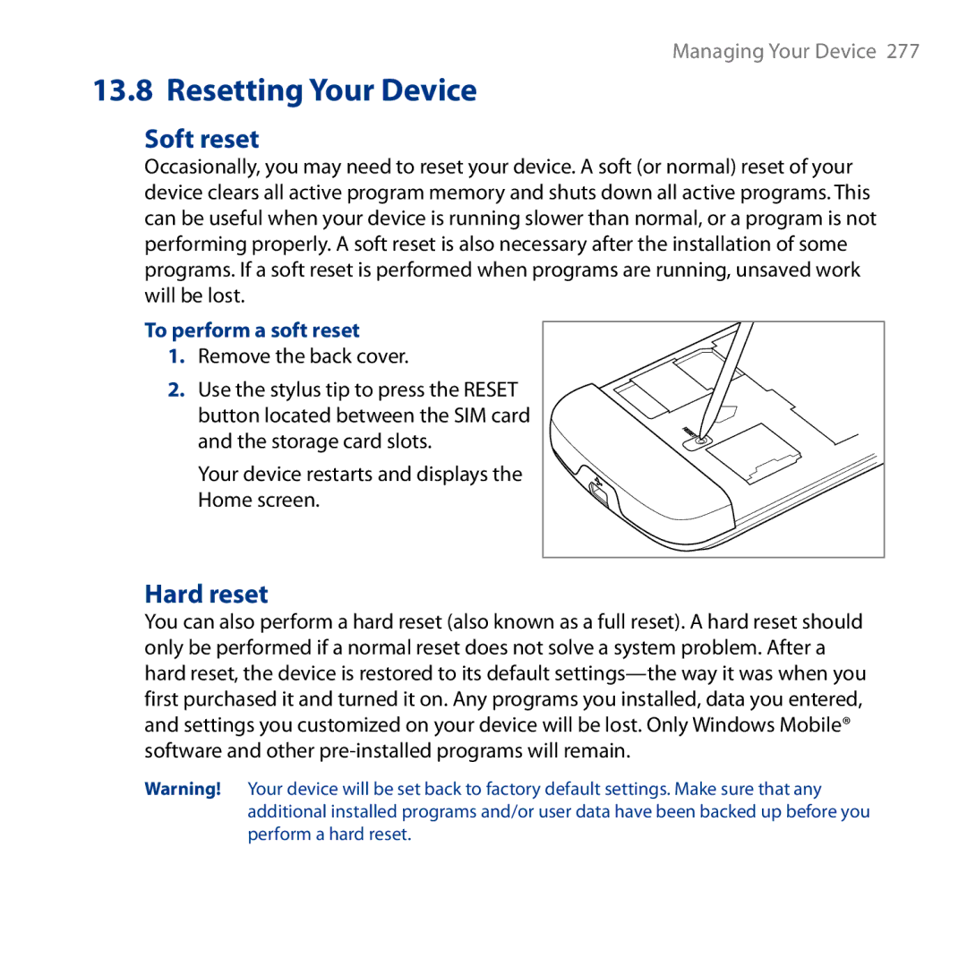 HTC HD user manual Soft reset, Hard reset, To perform a soft reset 