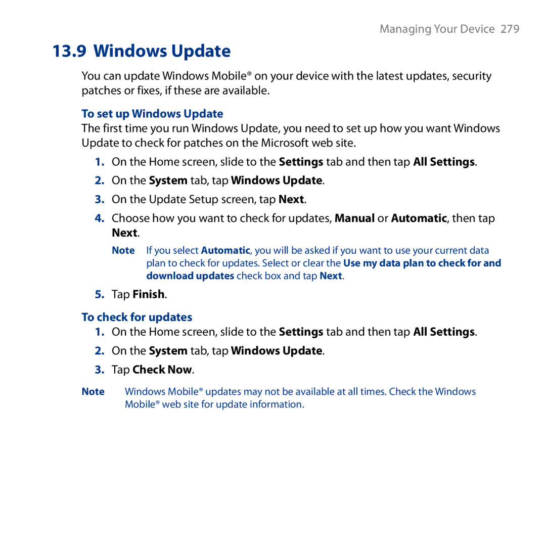 HTC HD user manual To set up Windows Update, On the System tab, tap Windows Update, To check for updates 