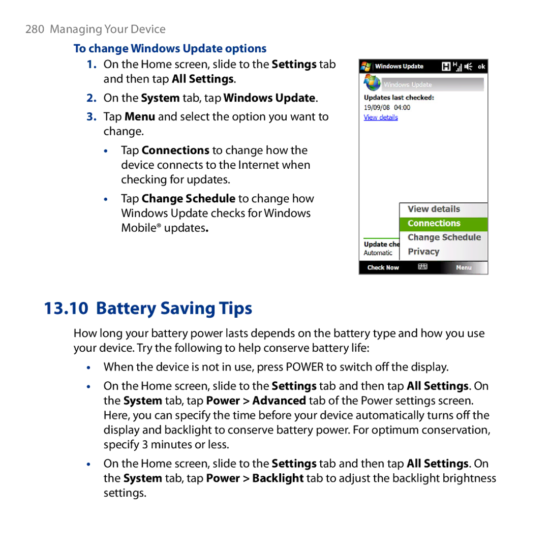 HTC HD user manual Battery Saving Tips, To change Windows Update options 