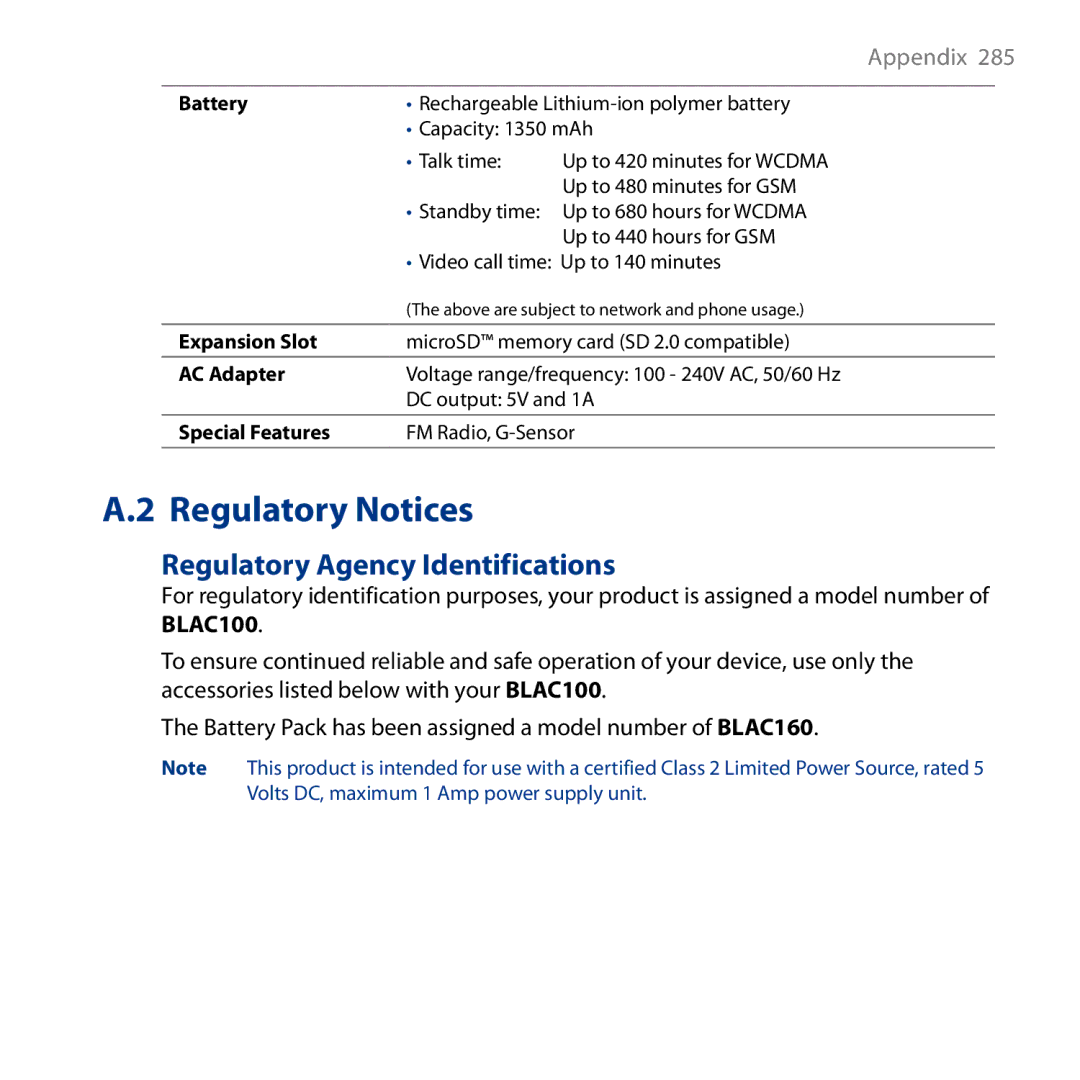 HTC HD user manual Regulatory Agency Identifications, Battery 