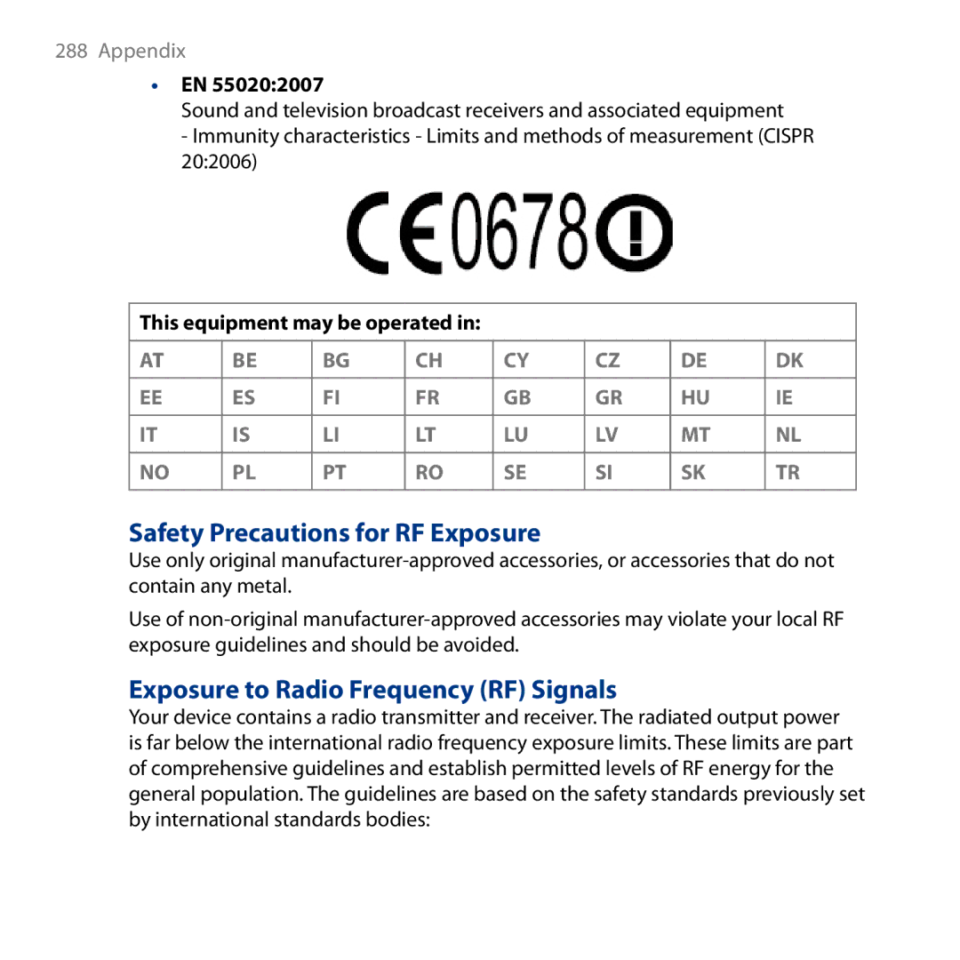 HTC HD Safety Precautions for RF Exposure, Exposure to Radio Frequency RF Signals, This equipment may be operated 