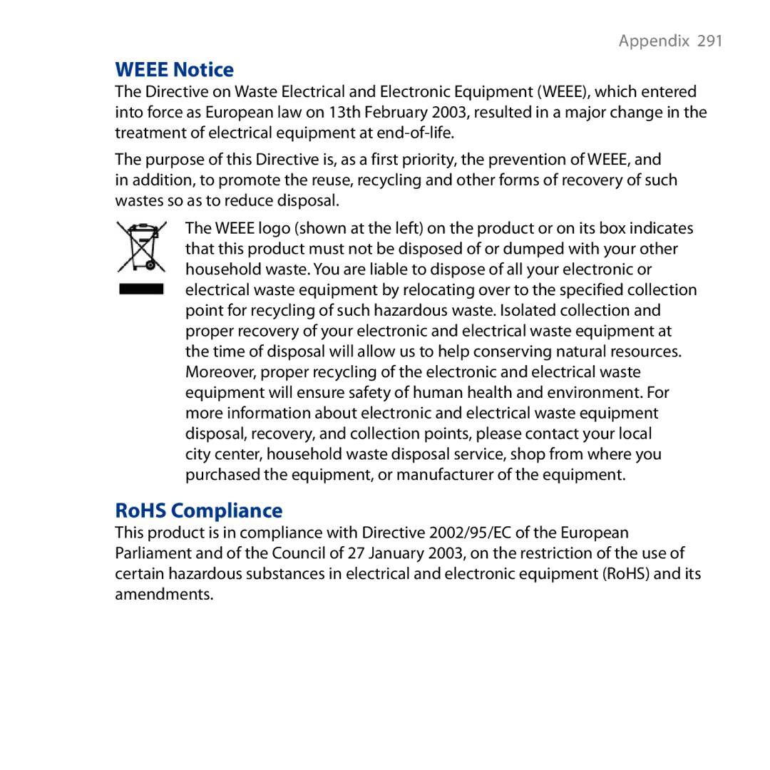 HTC HD user manual Weee Notice, RoHS Compliance 