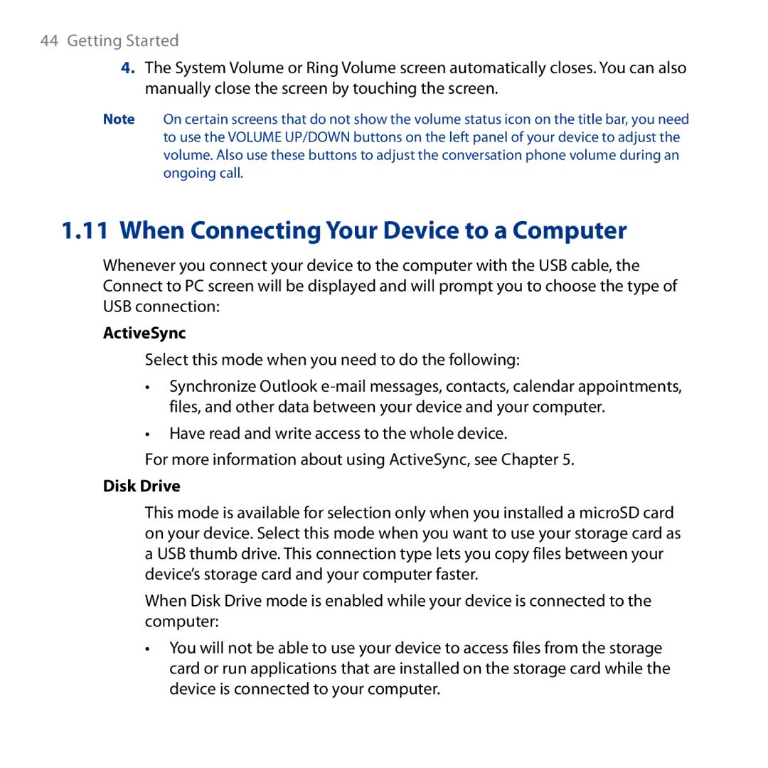 HTC HD user manual ActiveSync, Select this mode when you need to do the following, Disk Drive 