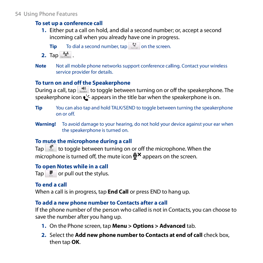 HTC HD user manual To set up a conference call, To turn on and off the Speakerphone, To mute the microphone during a call 