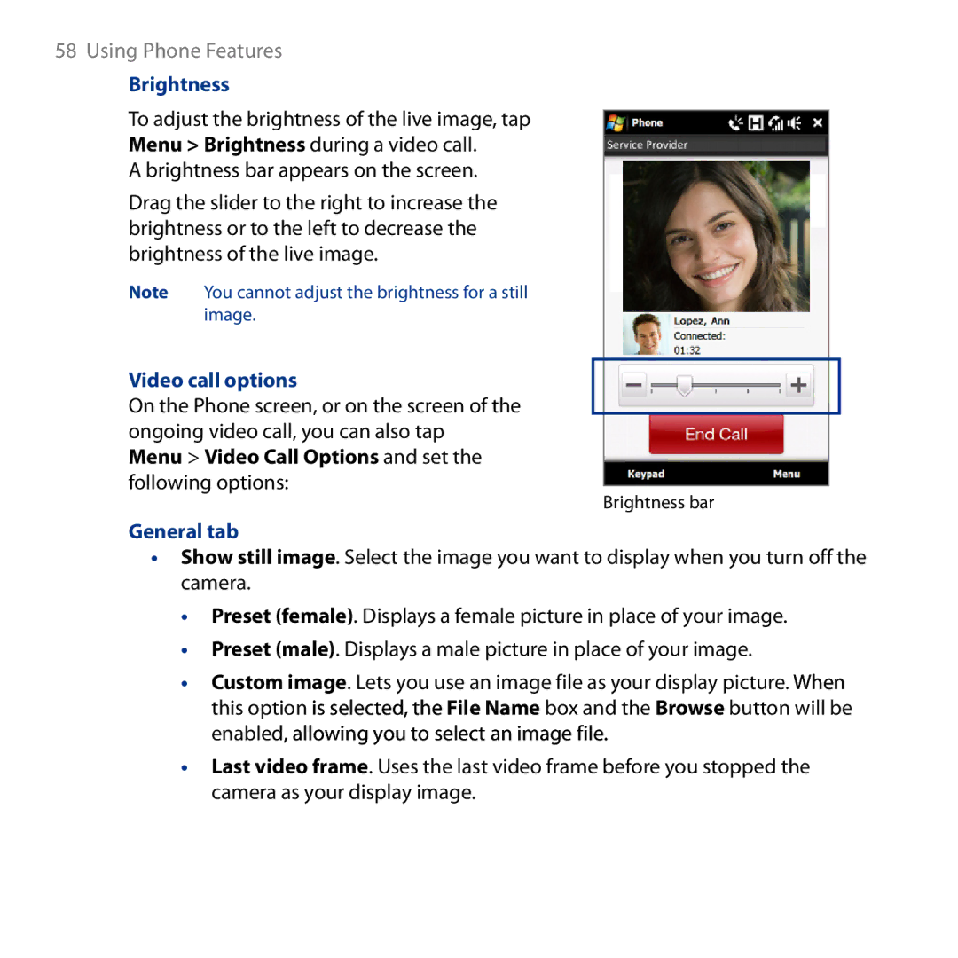 HTC HD user manual Brightness bar appears on the screen, Video call options, General tab 