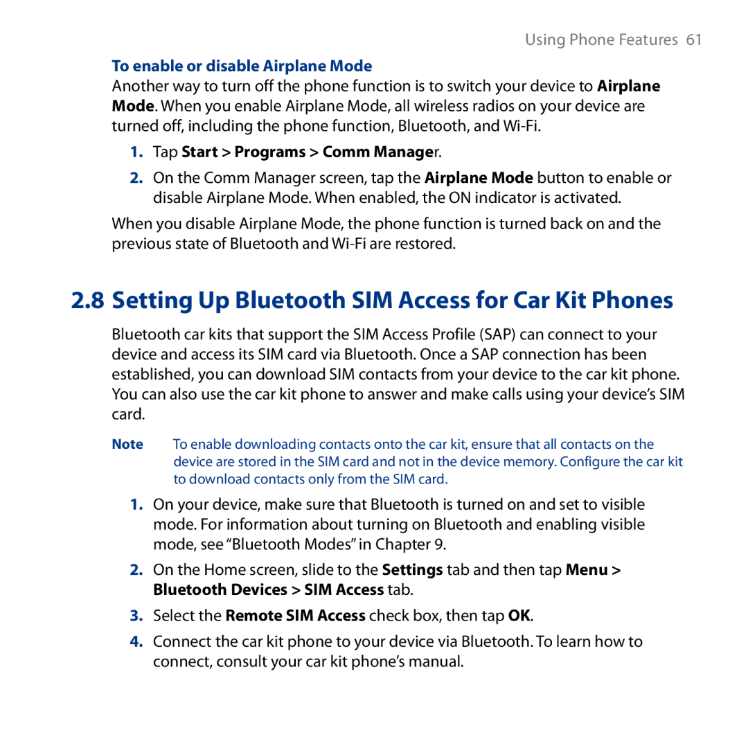 HTC HD user manual Setting Up Bluetooth SIM Access for Car Kit Phones, To enable or disable Airplane Mode 