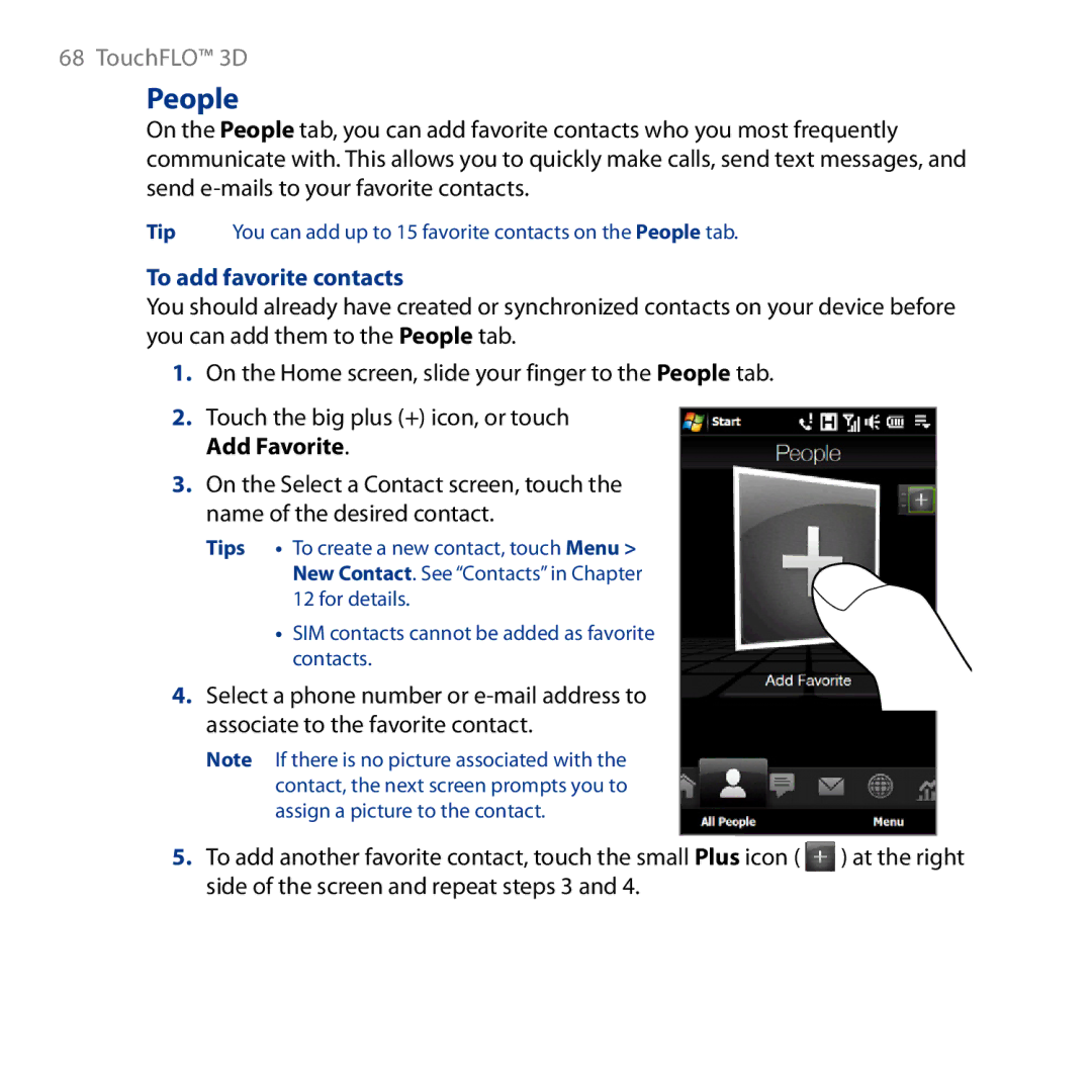 HTC HD user manual People, To add favorite contacts 