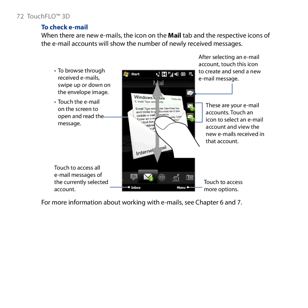 HTC HD user manual To check e-mail, For more information about working with e-mails, see 