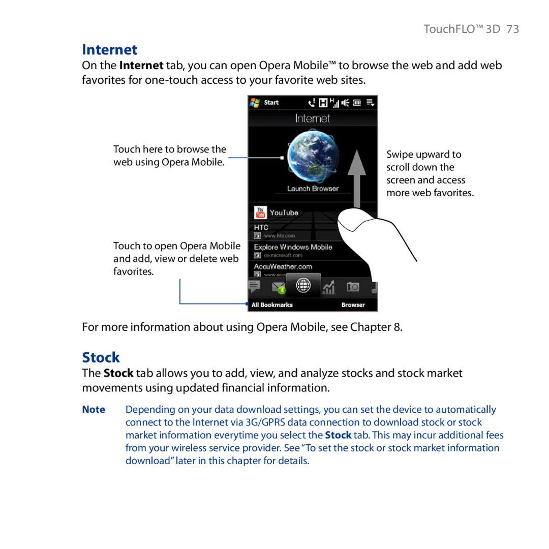 HTC HD user manual Internet, Stock, For more information about using Opera Mobile, see Chapter 