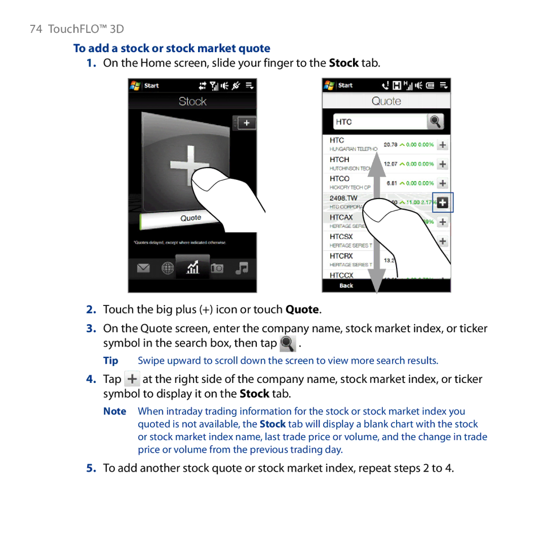 HTC HD user manual To add a stock or stock market quote 