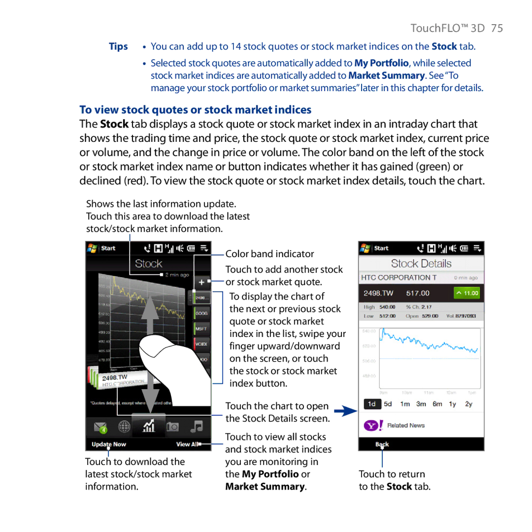 HTC HD user manual To view stock quotes or stock market indices 