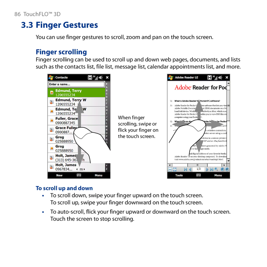 HTC HD user manual Finger scrolling, To scroll up and down 