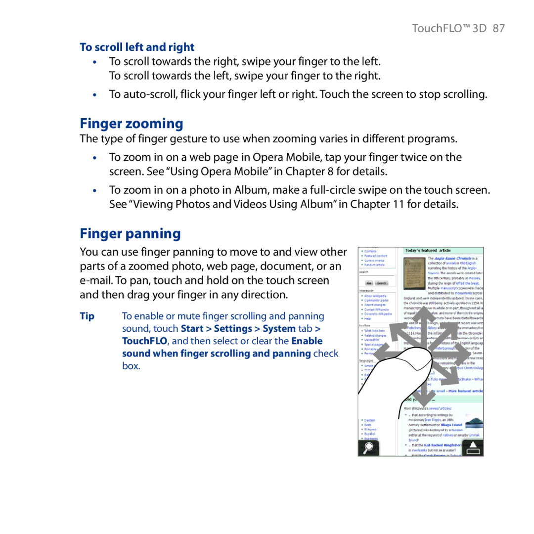 HTC HD user manual Finger zooming, Finger panning, To scroll left and right 