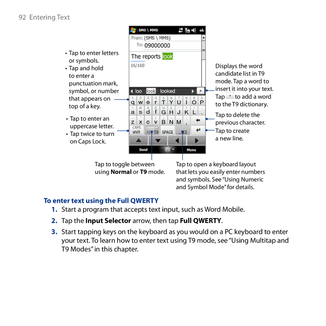 HTC HD user manual To enter text using the Full Qwerty, Tap the Input Selector arrow, then tap Full Qwerty 