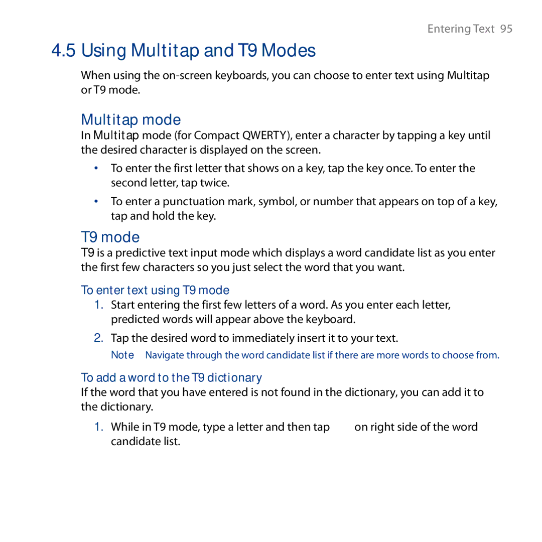 HTC HD user manual Multitap mode, To enter text using T9 mode, To add a word to the T9 dictionary 