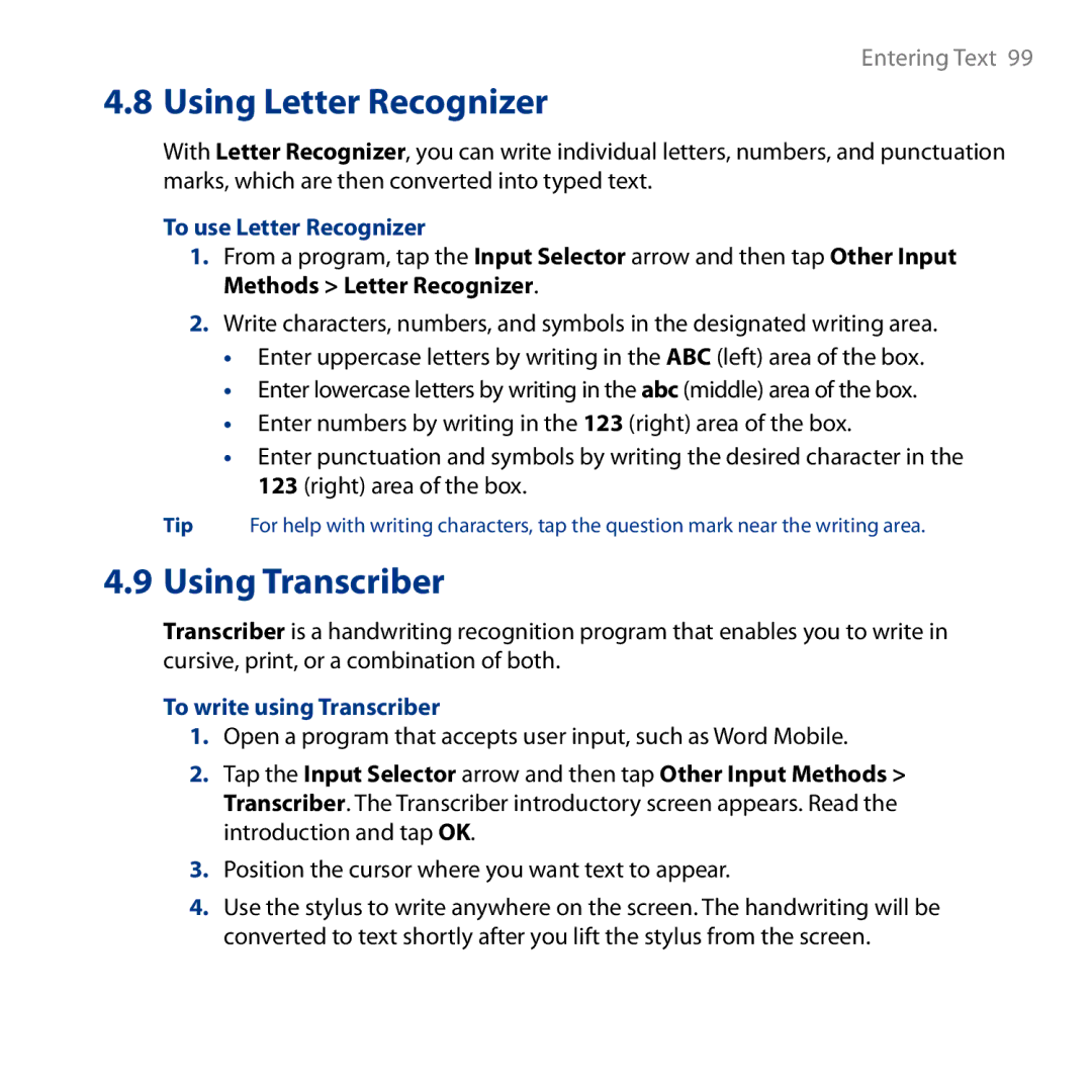 HTC HD user manual To use Letter Recognizer, To write using Transcriber 