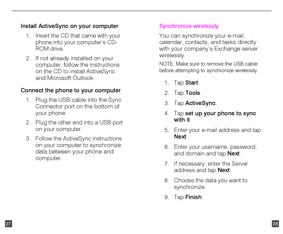 HTC HD2 user manual Synchronize wirelessly 