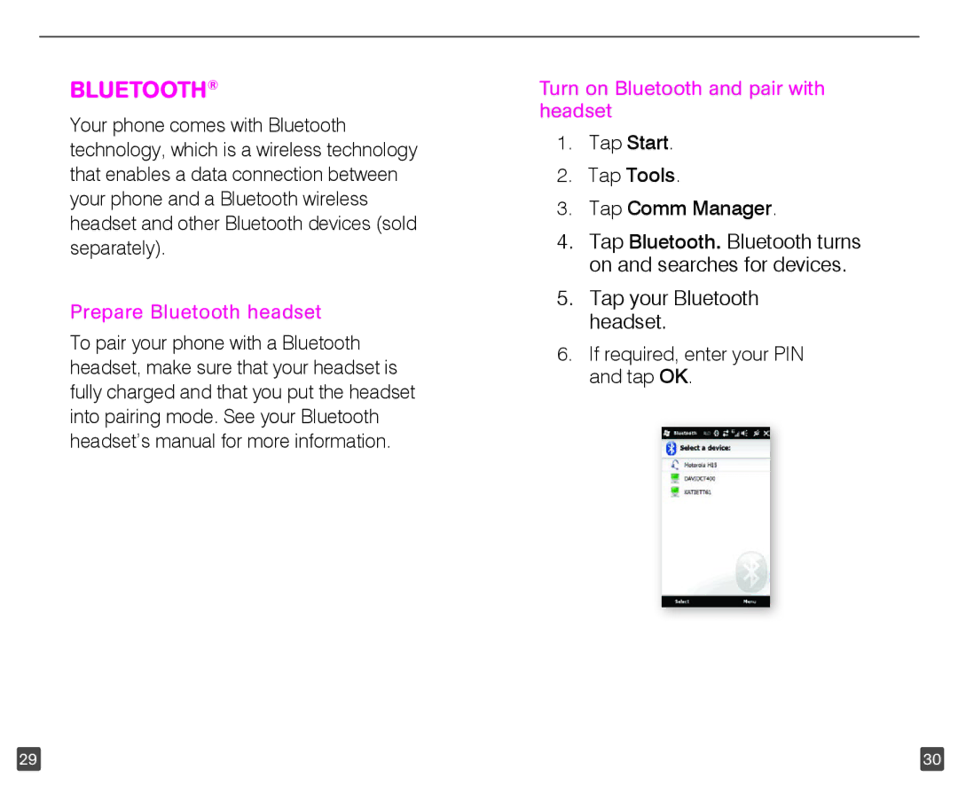 HTC HD2 user manual Prepare Bluetooth headset, Turn on Bluetooth and pair with headset 