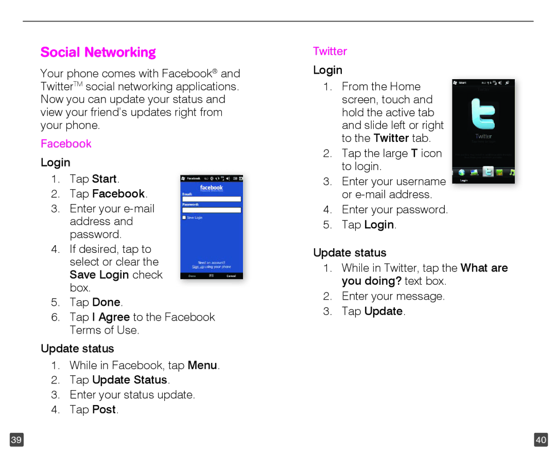 HTC HD2 user manual Social Networking, Facebook, Twitter 