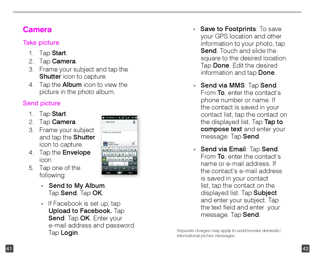 HTC HD2 user manual Camera, Take picture, Send picture 