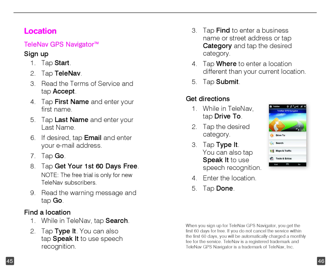 HTC HD2 user manual Location, TeleNav GPS Navigator 