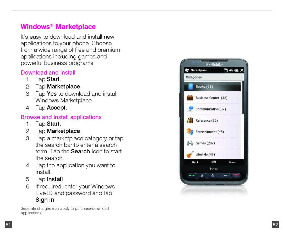 HTC HD2 user manual Windows Marketplace, Download and install, Browse and install applications 