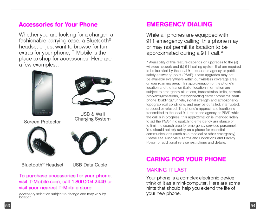 HTC HD2 user manual Accessories for Your Phone, Emergency Dialing, Caring for Your Phone 