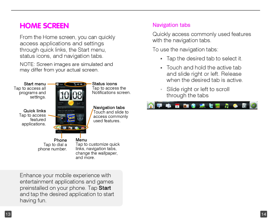 HTC HD2 user manual Home Screen, Navigation tabs 