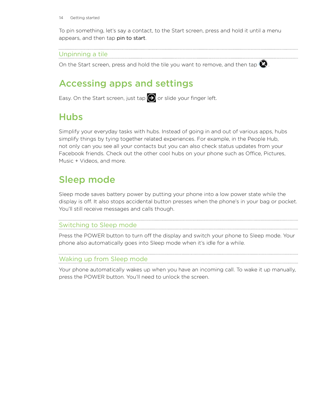 HTC HD7 manual Accessing apps and settings, Hubs, Sleep mode 