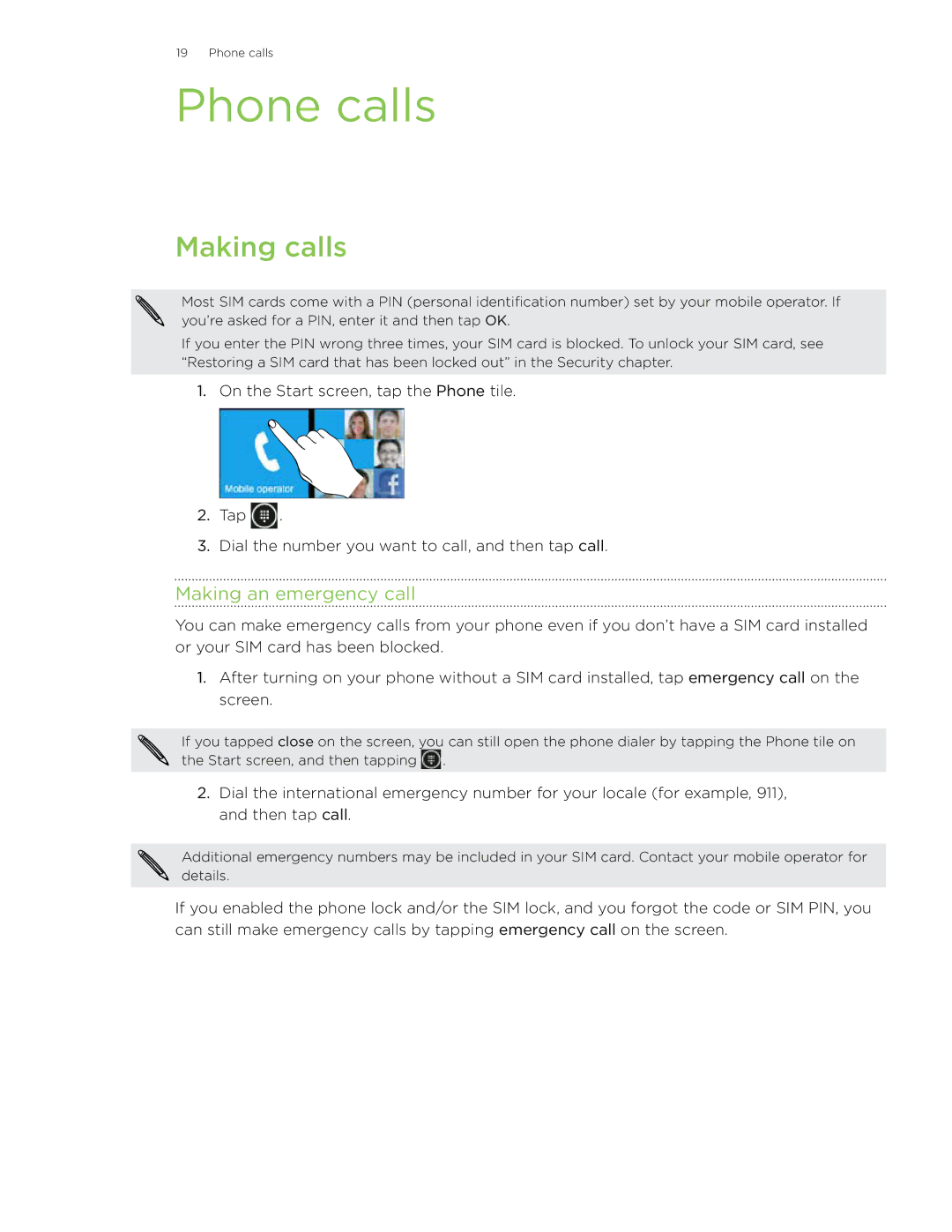 HTC HD7 manual Phone calls, Making calls, Making an emergency call 