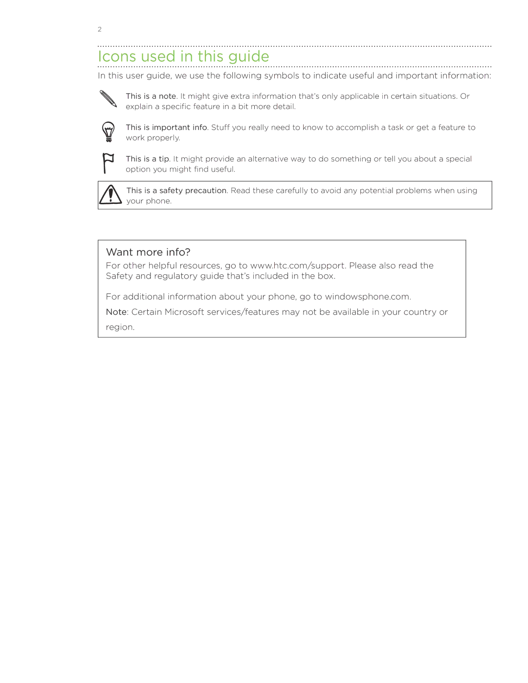 HTC HD7 manual Icons used in this guide 