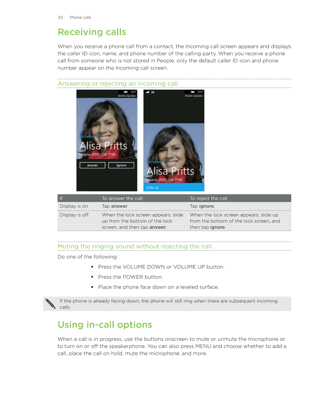 HTC HD7 manual Receiving calls, Using in-call options, Answering or rejecting an incoming call 