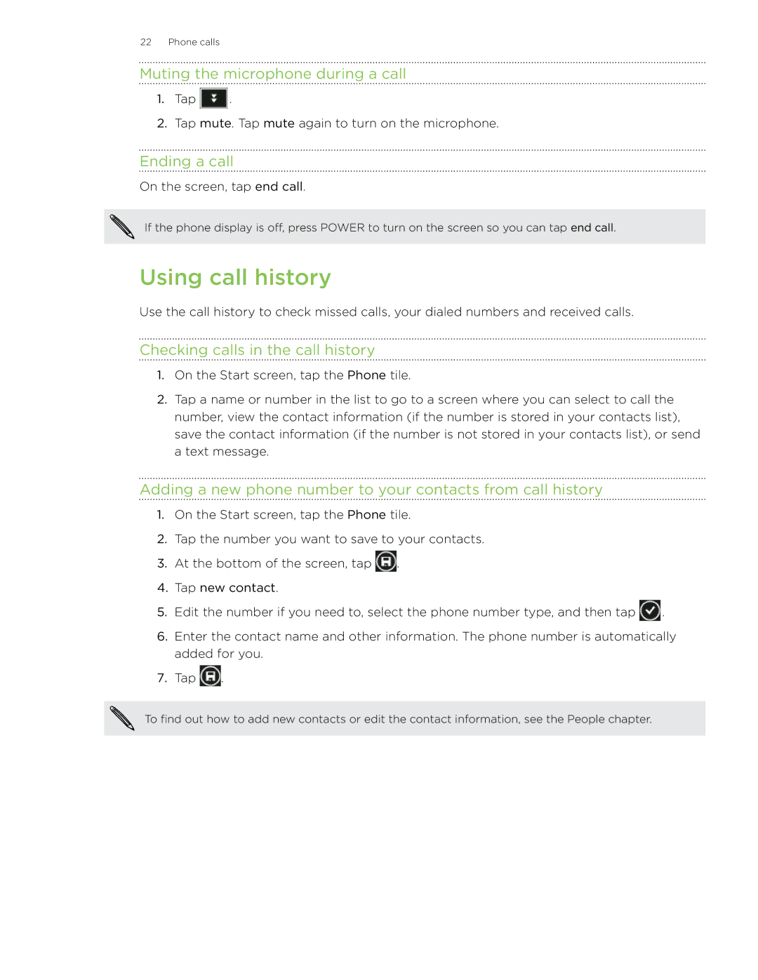 HTC HD7 manual Using call history, Muting the microphone during a call, Ending a call, Checking calls in the call history 