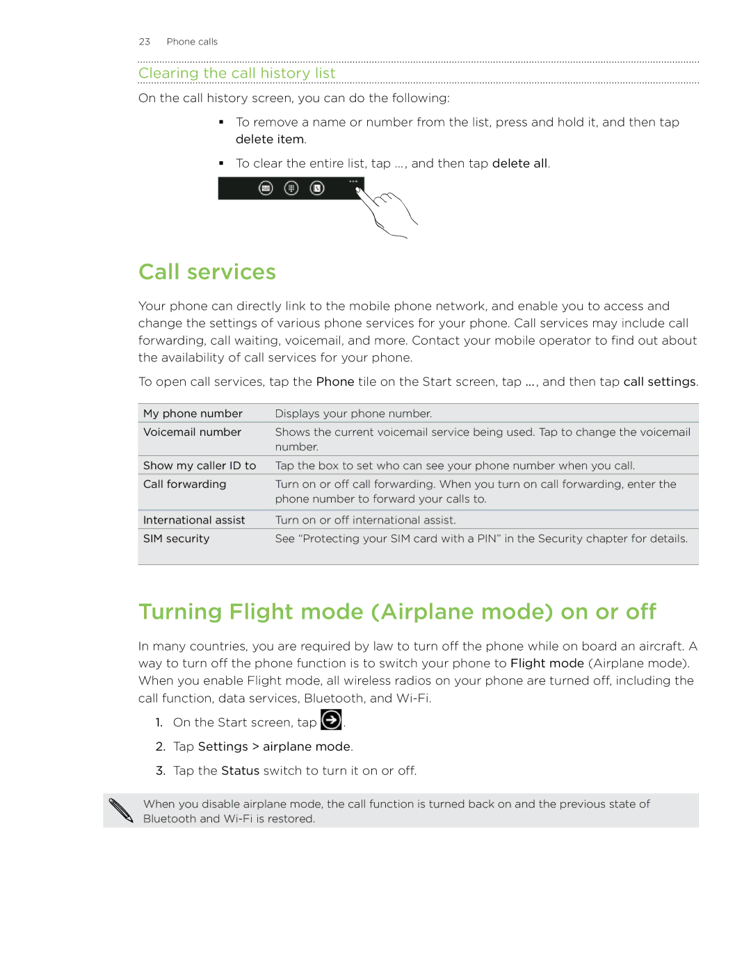 HTC HD7 manual Call services, Turning Flight mode Airplane mode on or off, Clearing the call history list 