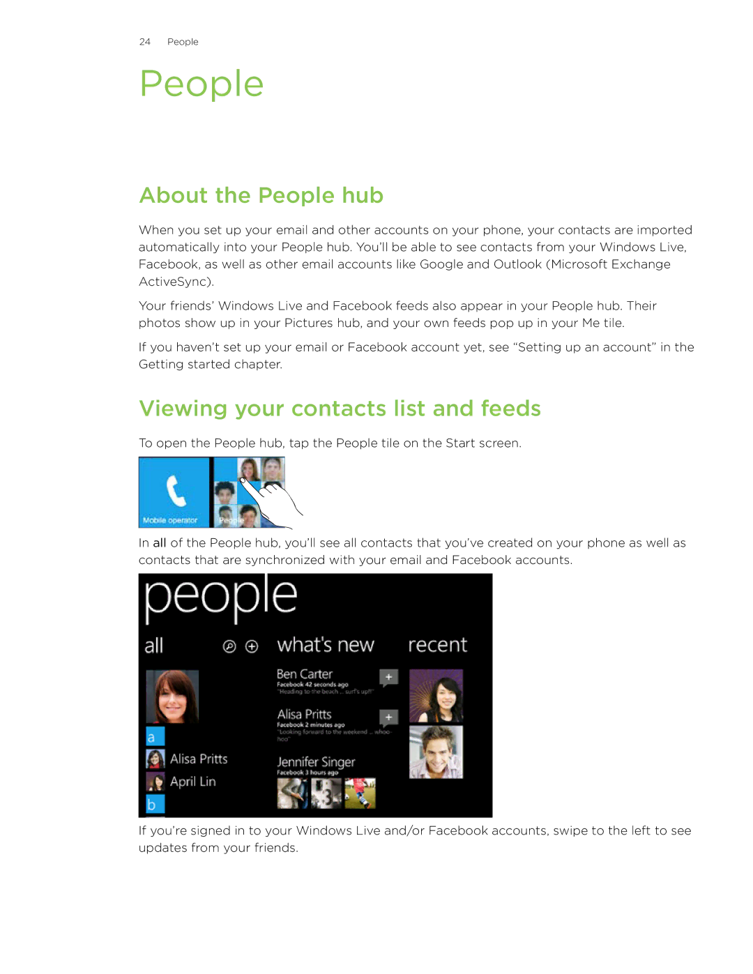 HTC HD7 manual About the People hub, Viewing your contacts list and feeds 