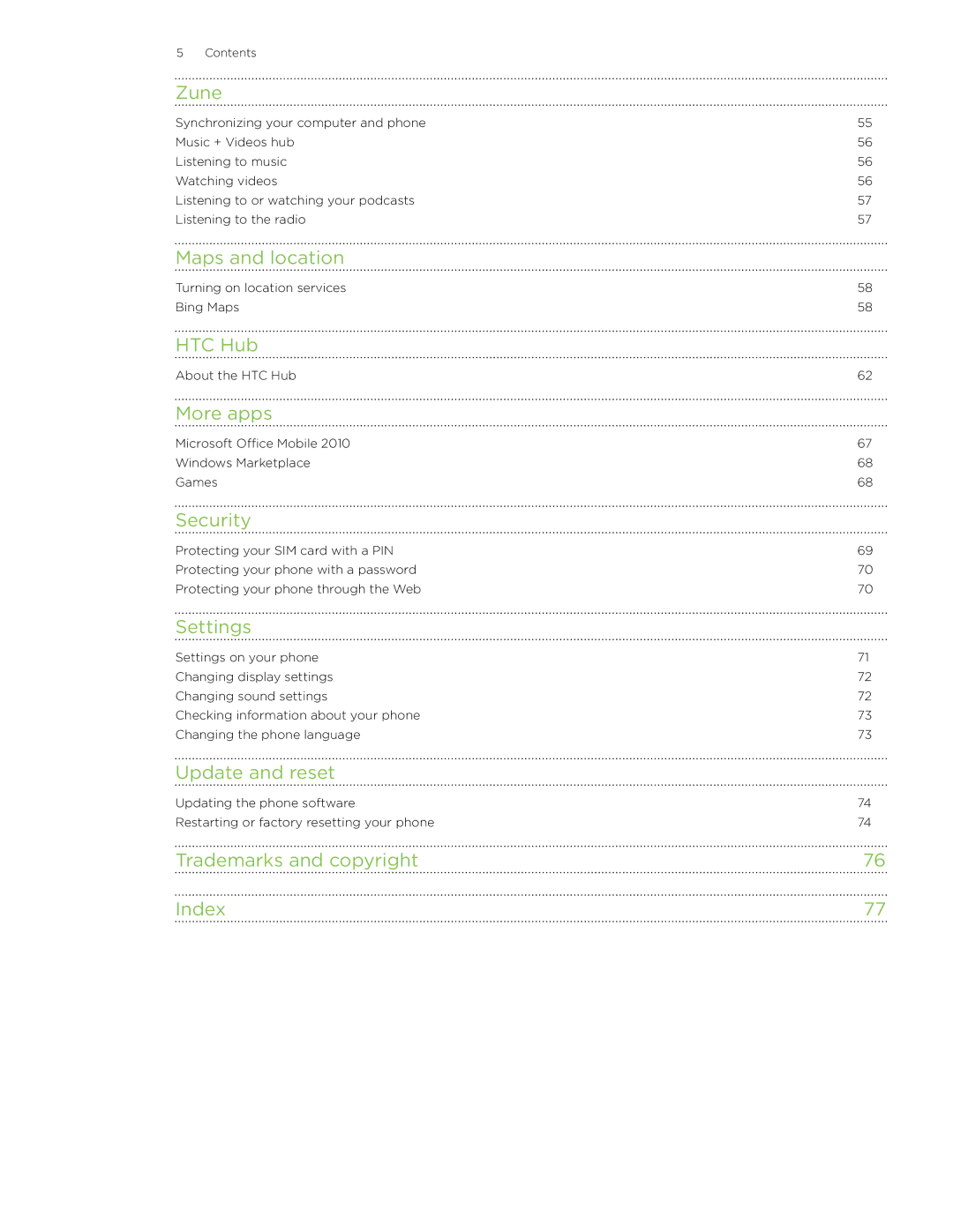 HTC HD7 Zune, Maps and location, HTC Hub, More apps, Security, Settings, Update and reset, Trademarks and copyright Index 