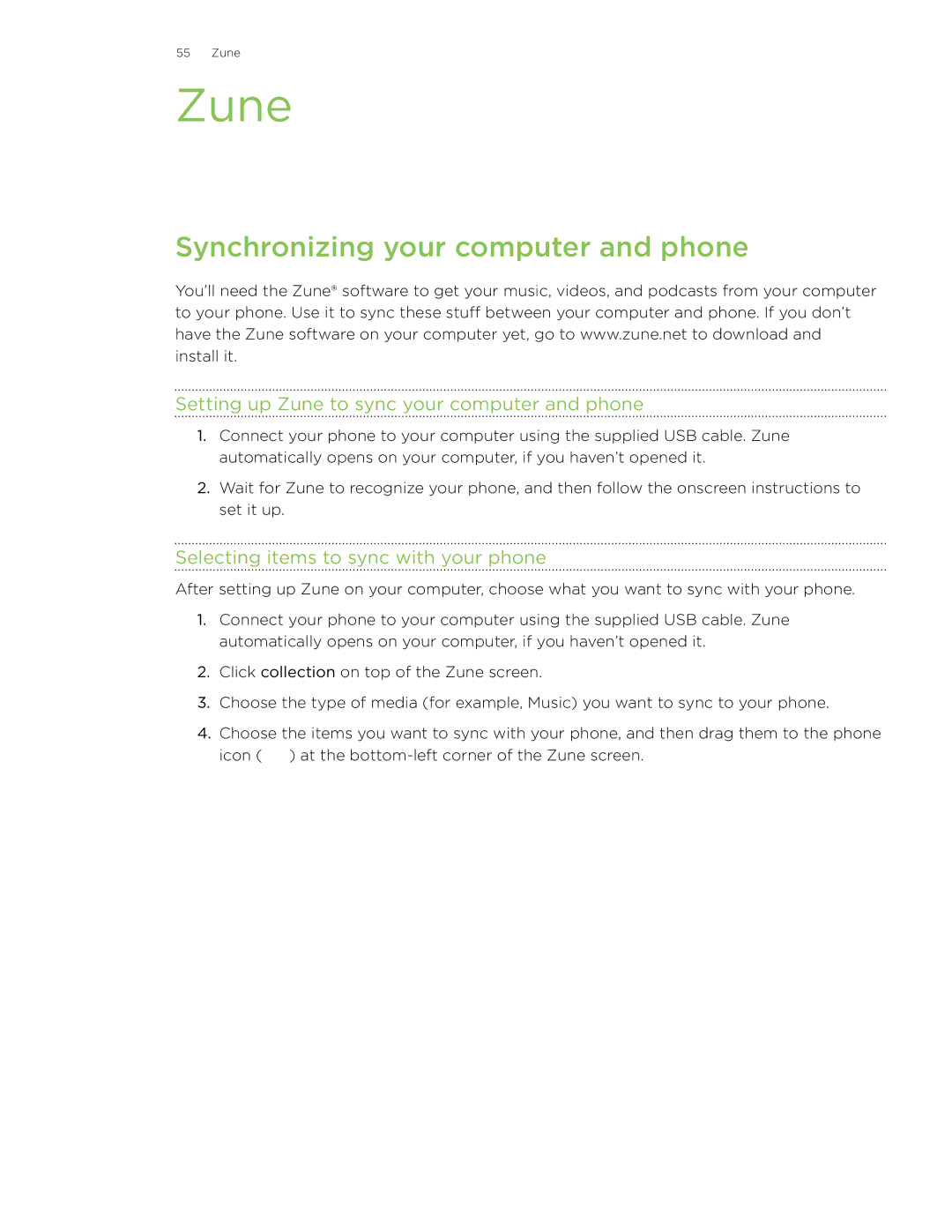 HTC HD7 manual Synchronizing your computer and phone, Setting up Zune to sync your computer and phone 