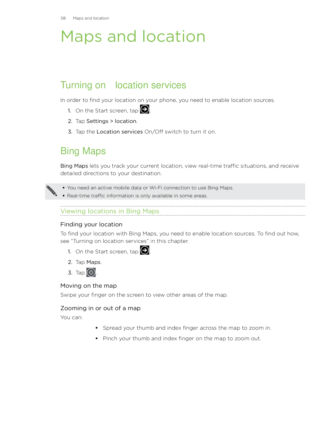 HTC HD7 manual Maps and location, Turning on location services, Viewing locations in Bing Maps 