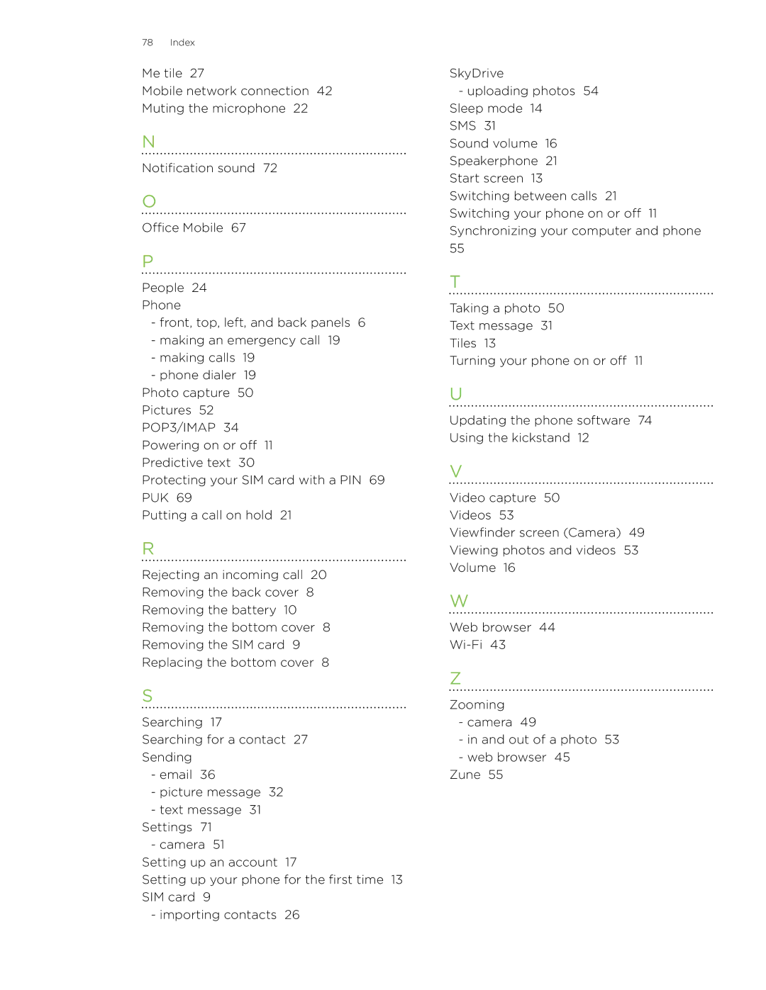 HTC HD7 manual Index 