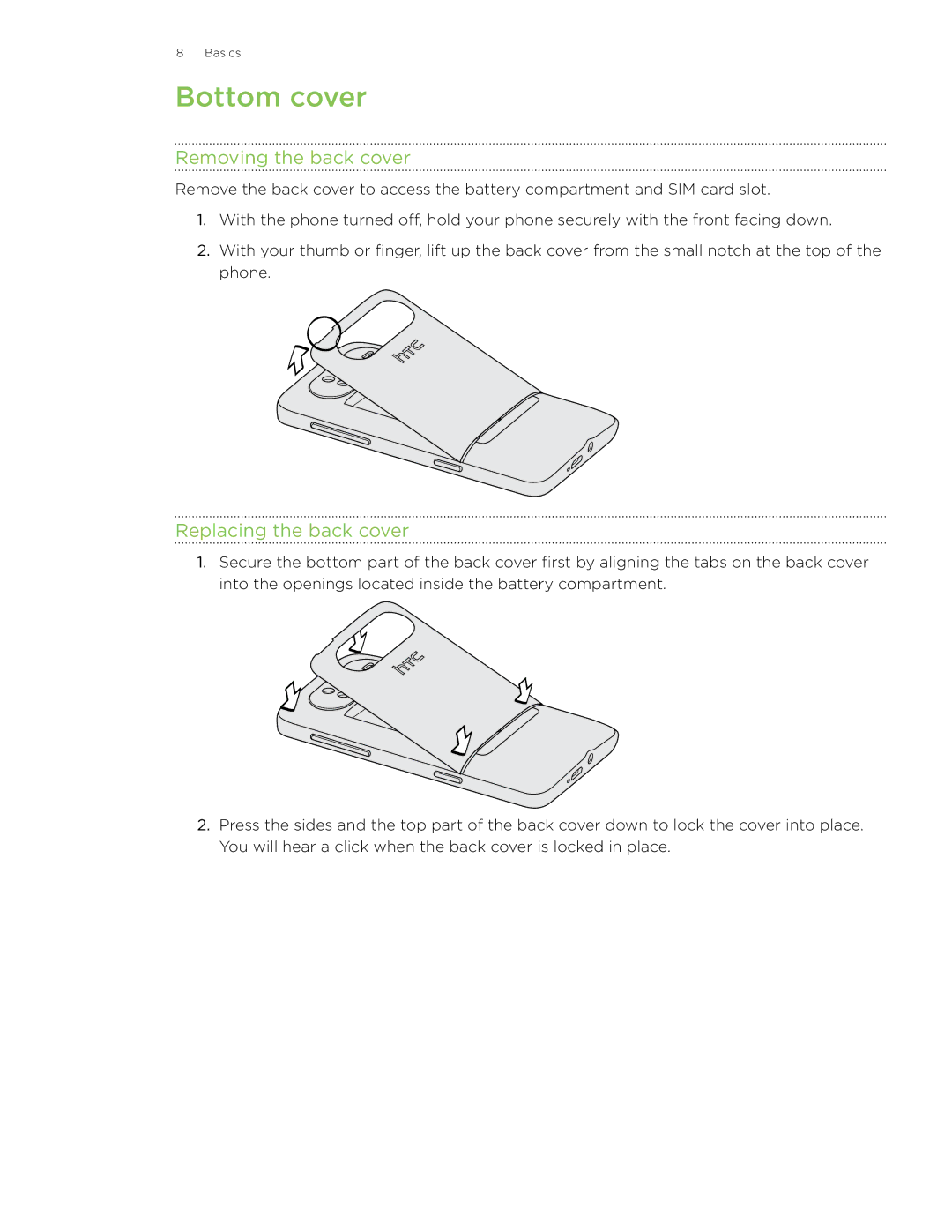 HTC HD7 manual Bottom cover, Removing the back cover, Replacing the back cover 