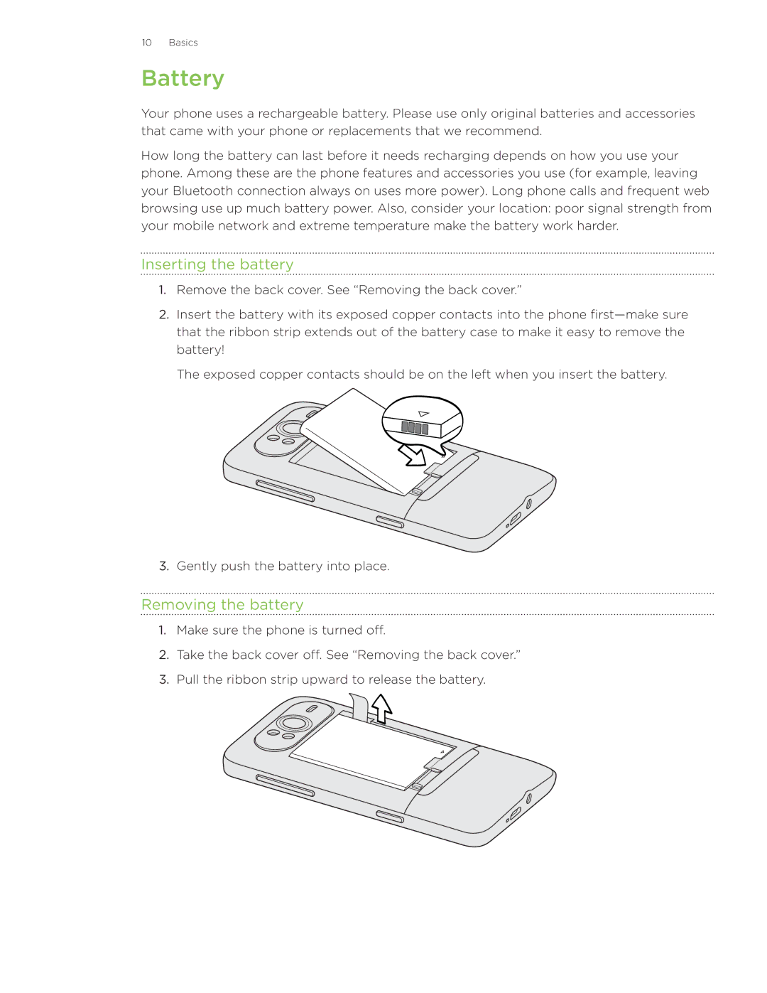 HTC HD7S manual Battery, Inserting the battery, Removing the battery 