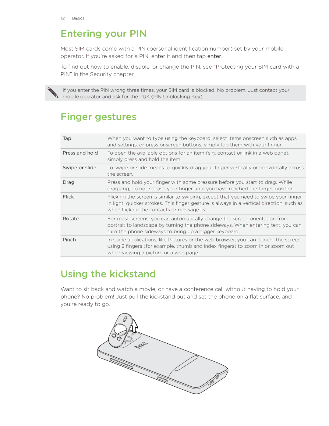 HTC HD7S manual Entering your PIN, Finger gestures, Using the kickstand 