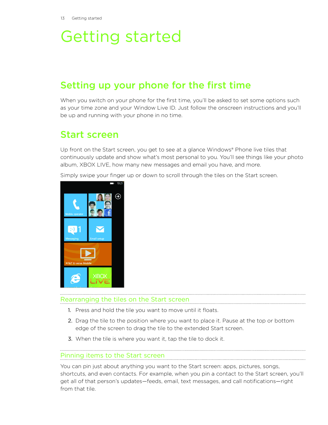 HTC HD7S manual Getting started, Setting up your phone for the first time, Pinning items to the Start screen 