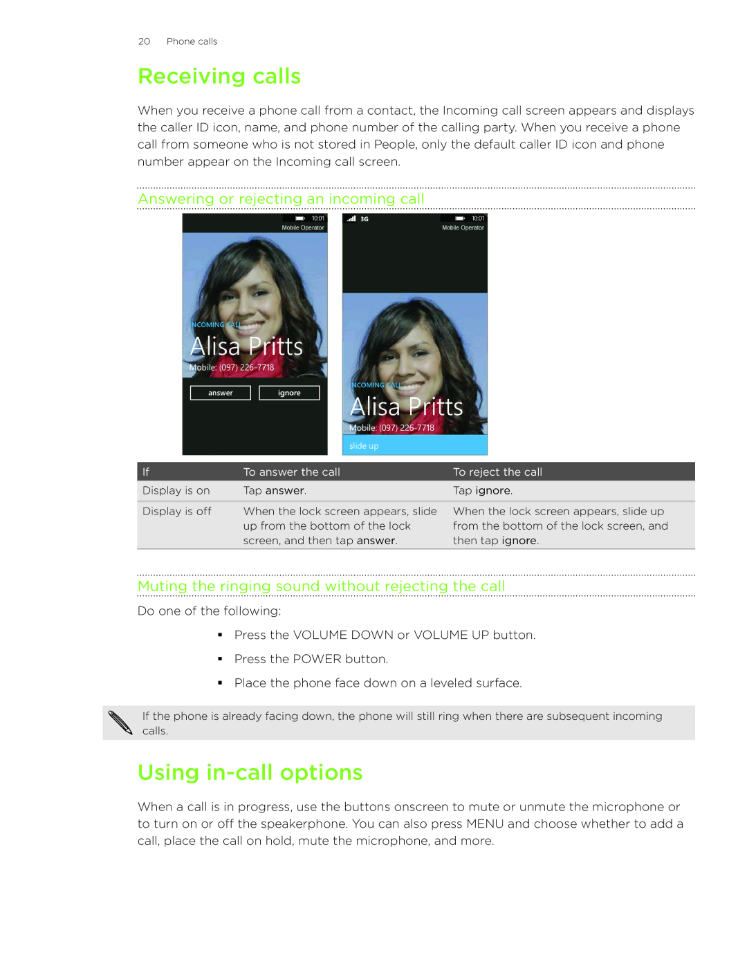HTC HD7S manual Receiving calls, Using in-call options, Answering or rejecting an incoming call 