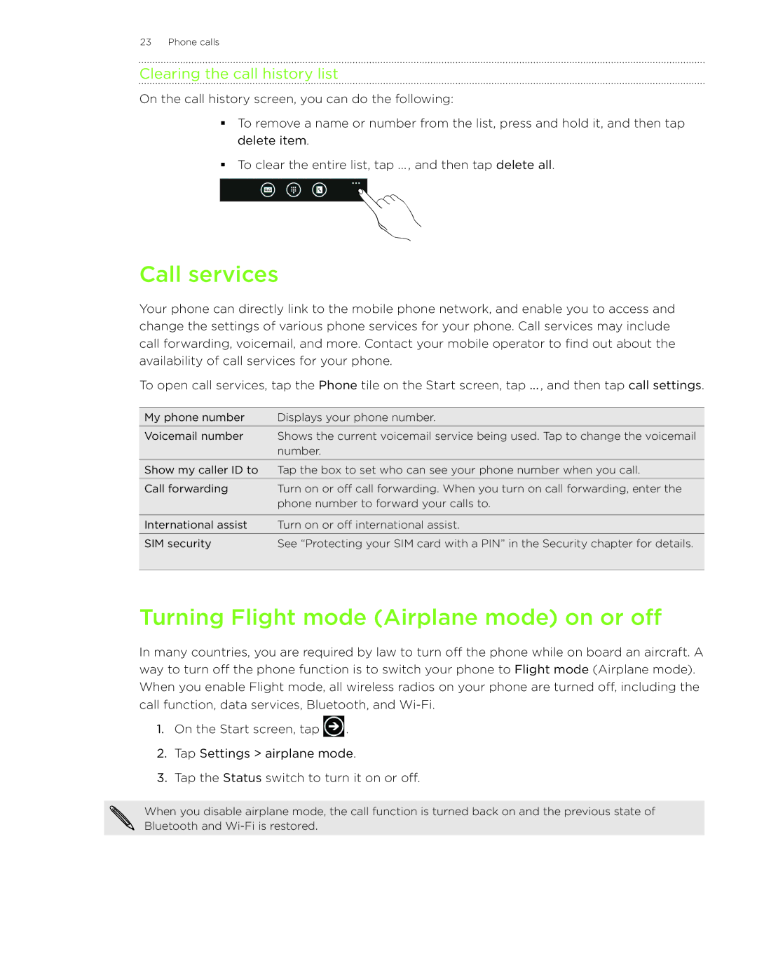 HTC HD7S manual Call services, Turning Flight mode Airplane mode on or off, Clearing the call history list 