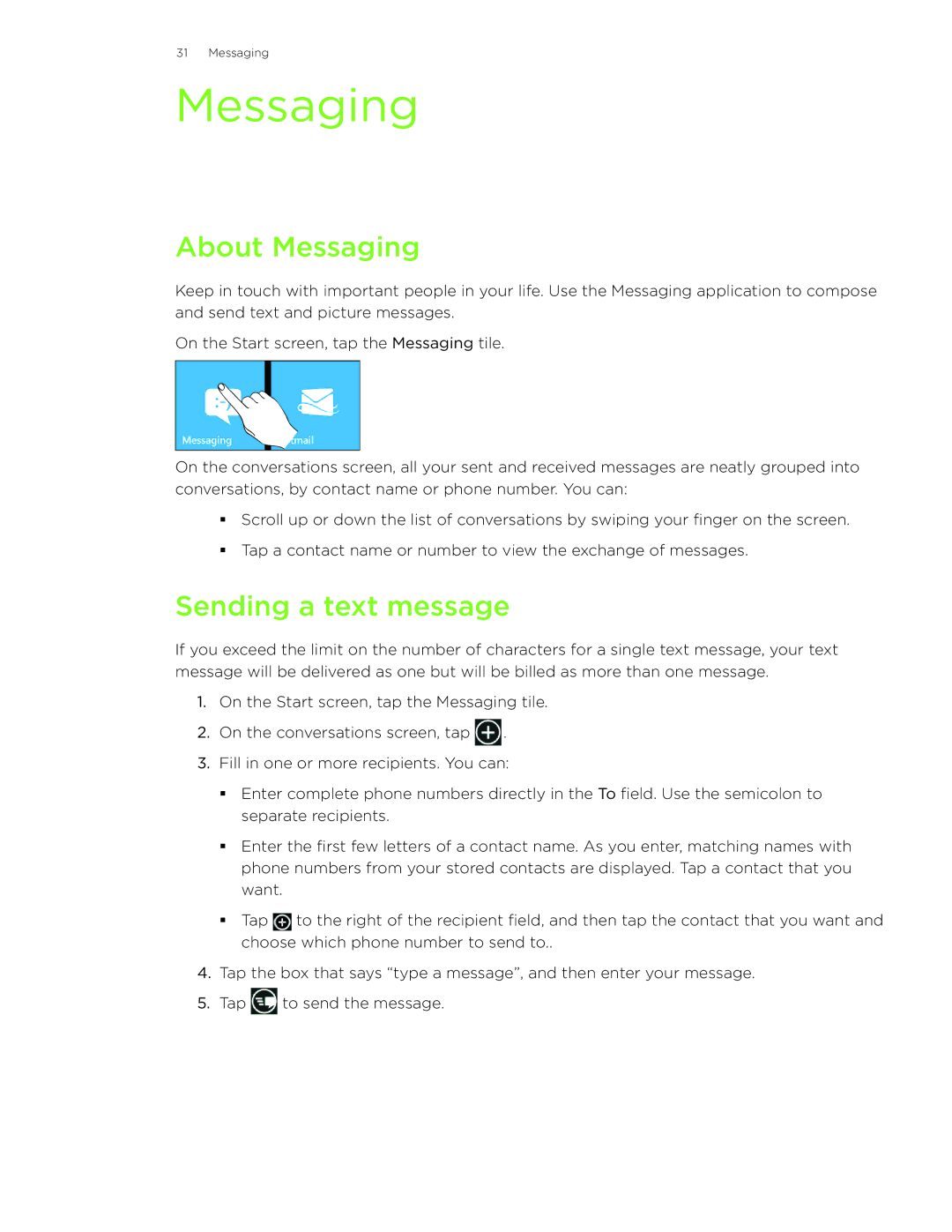 HTC HD7S manual About Messaging, Sending a text message 