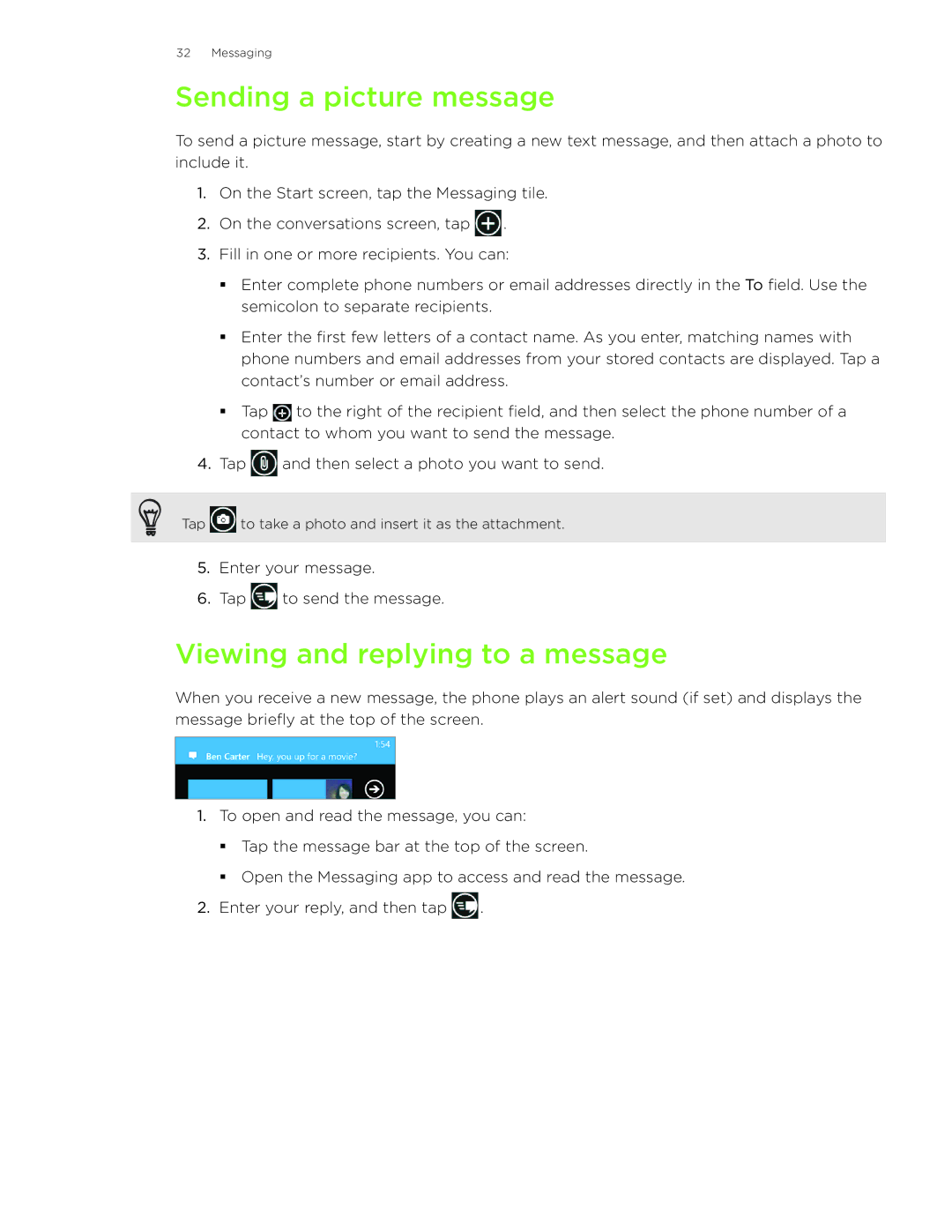 HTC HD7S manual Sending a picture message, Viewing and replying to a message 